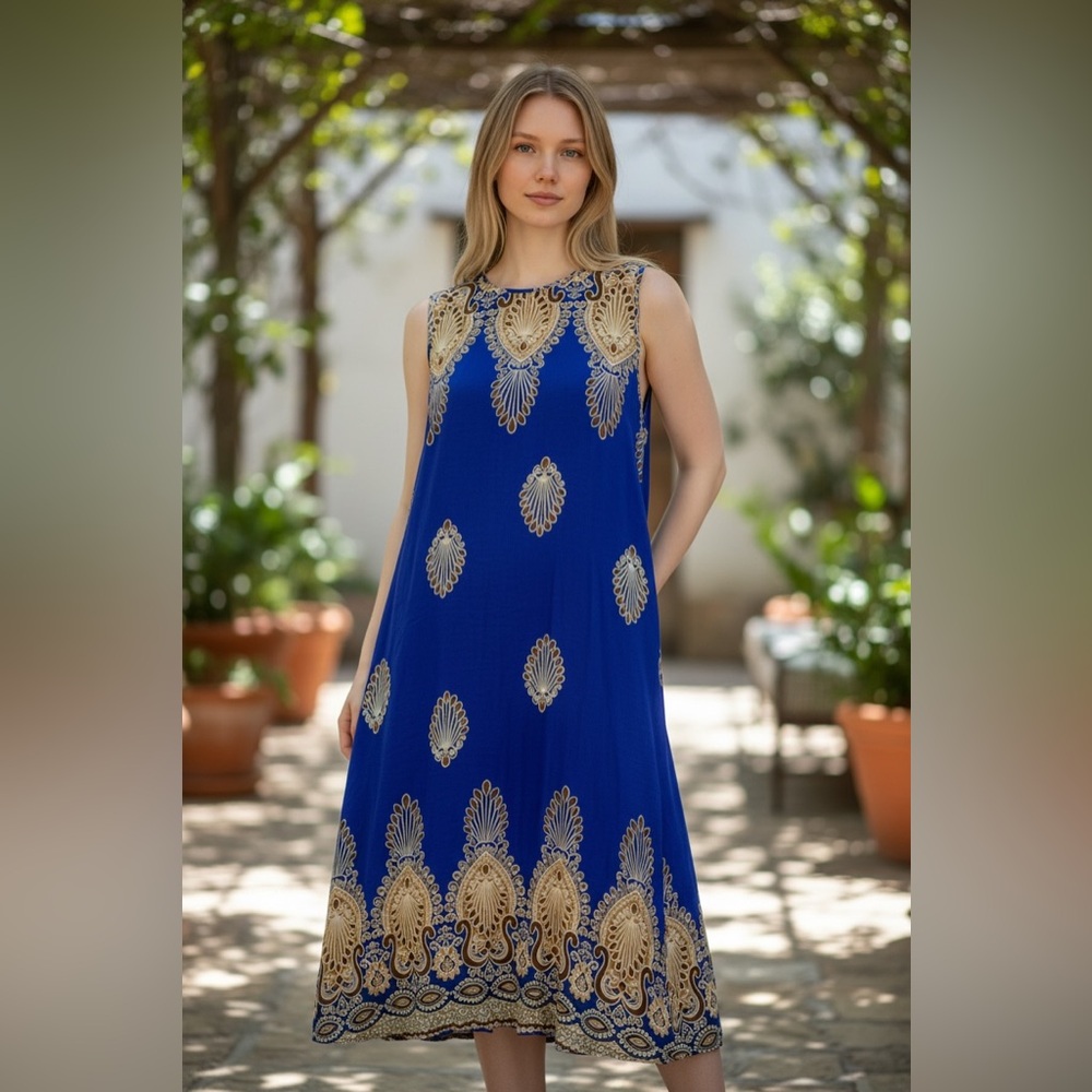 GM Fashion Sleeveless Blue Patterned Dress p2p~22” length: 50” with Pockets